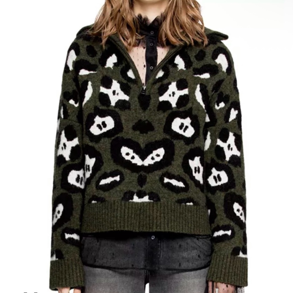 Zadig & Voltaire Olive Leopard Print Turtleneck Sweater